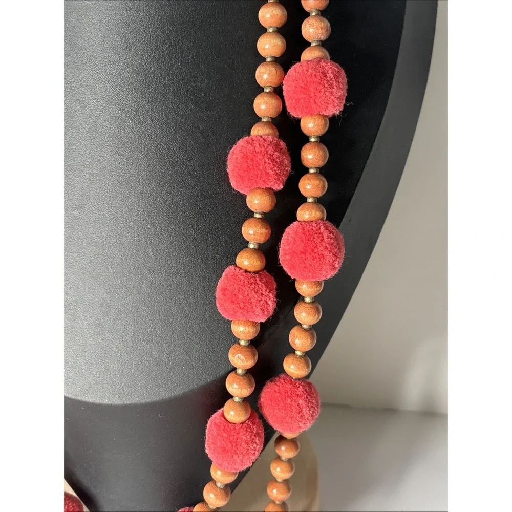 J Crew Pom Pom Necklace Wood Beads Hot Pink Brown Double Strand Beaded Jewelry